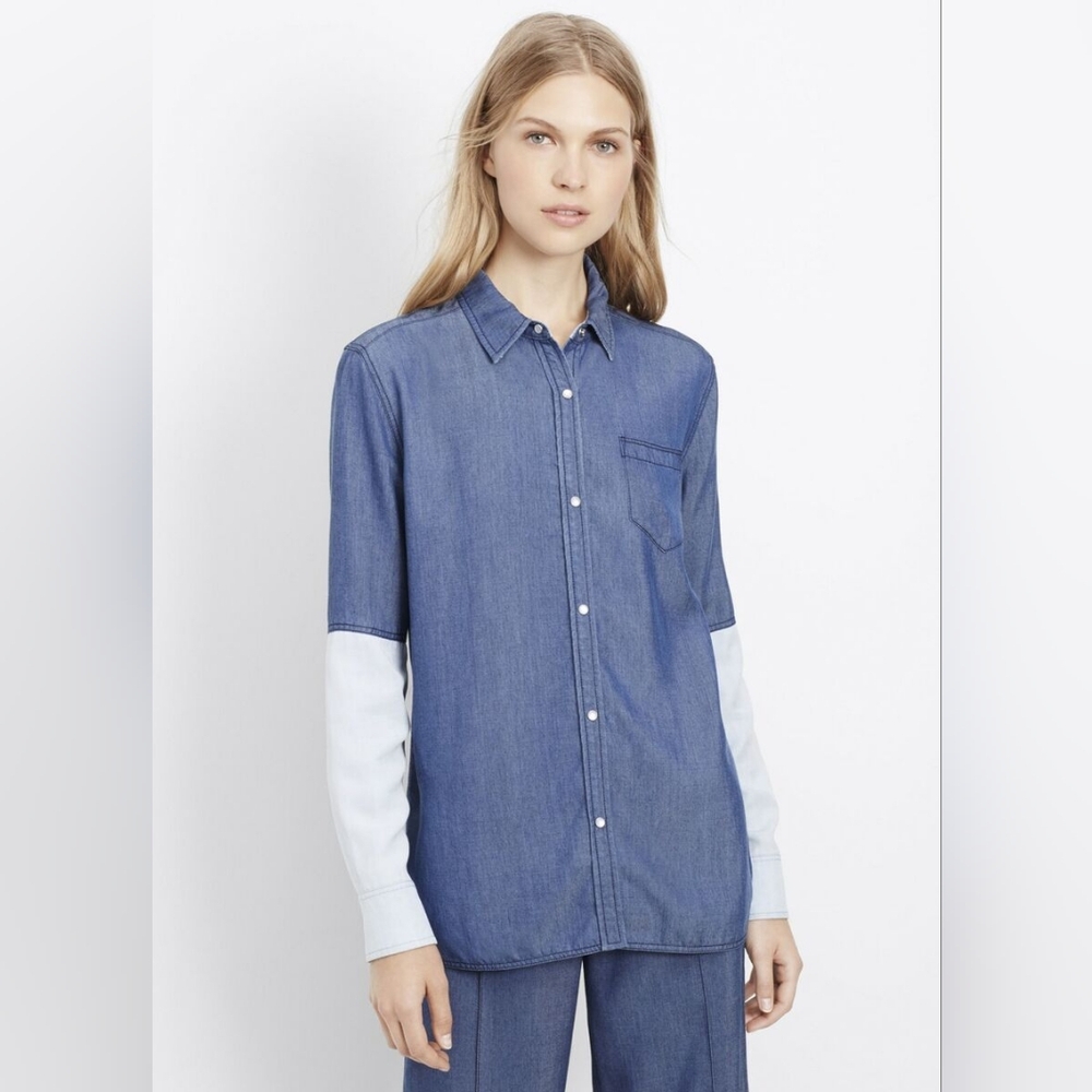 VINCE CHAMBRAY COLORBLOCK BUTTON UP WOMEN SHIRT SZ S Retail $225